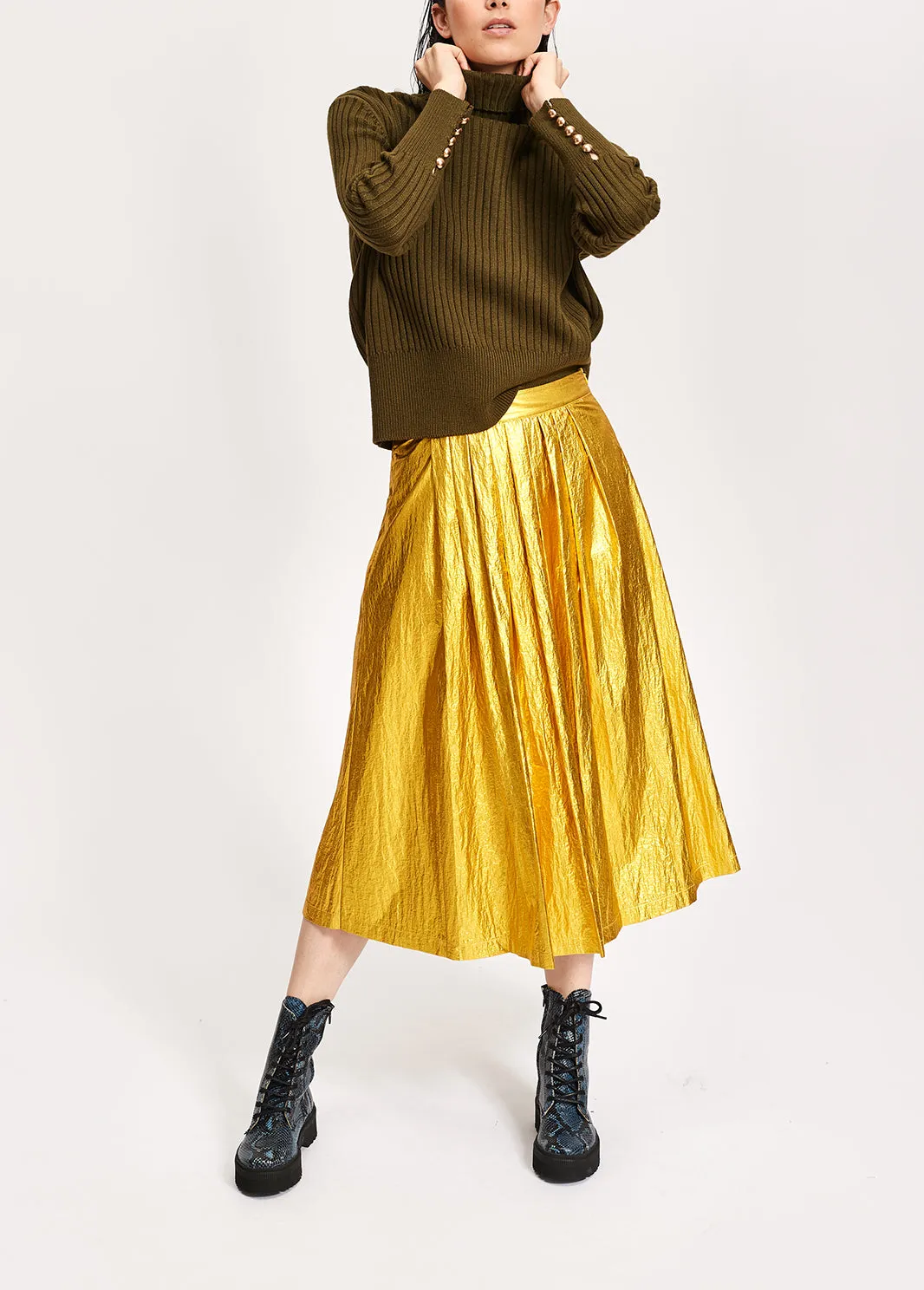 Gold metallic foil pleated midi skirt