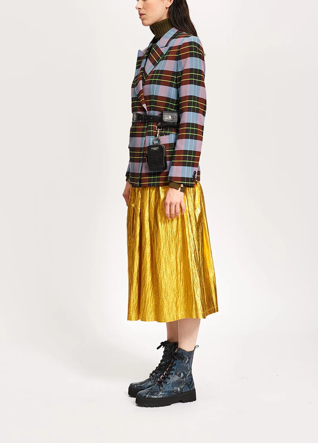 Gold metallic foil pleated midi skirt