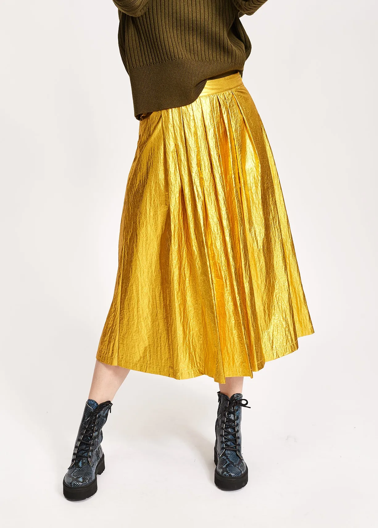 Gold metallic foil pleated midi skirt