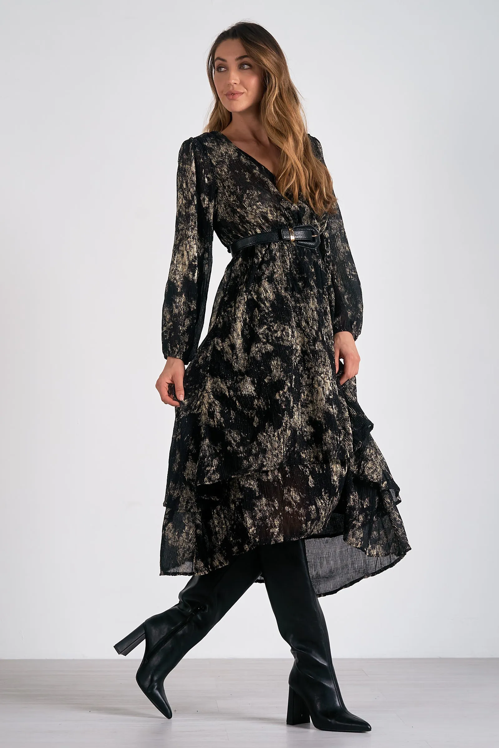 Gold Shimmer Ruffle Dress