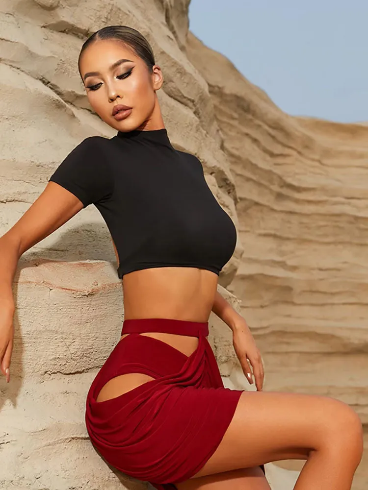 Half Skirt Pleated Design Hollowed Out Latin Dance Training Skirt with Underpants