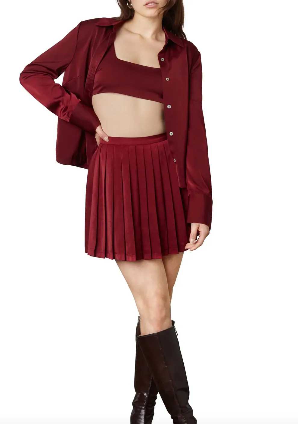 High Waist Satin Pleated Skort