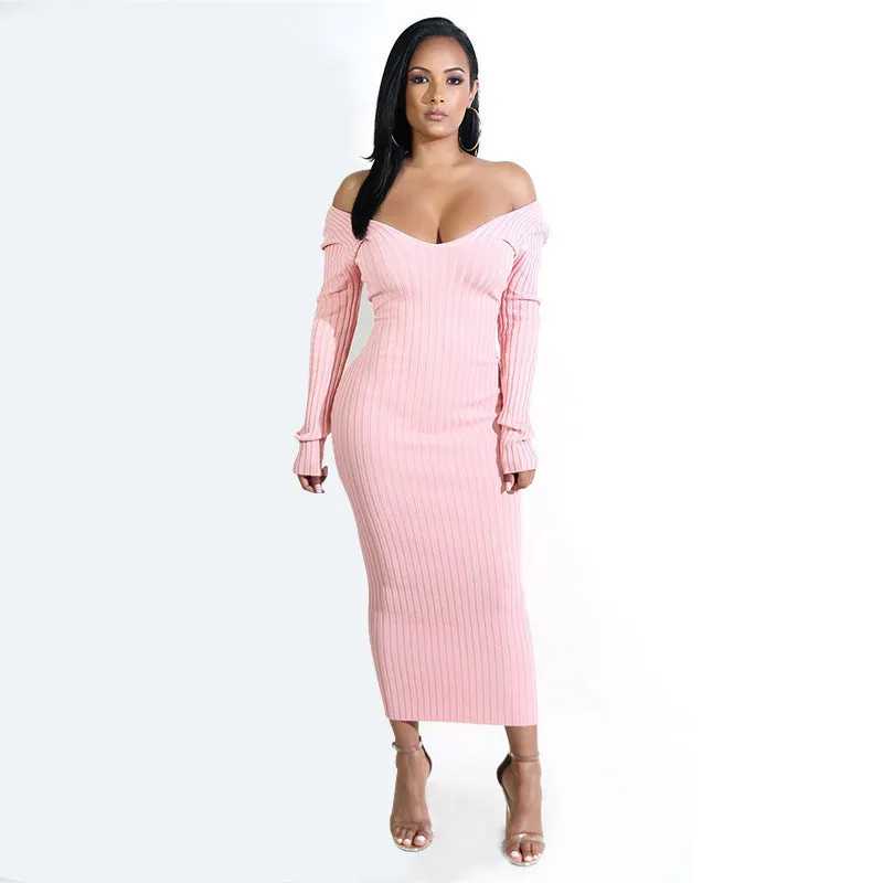 Ladies' Mid-Length Solid Color V-Neck Sweater Knit Dress
