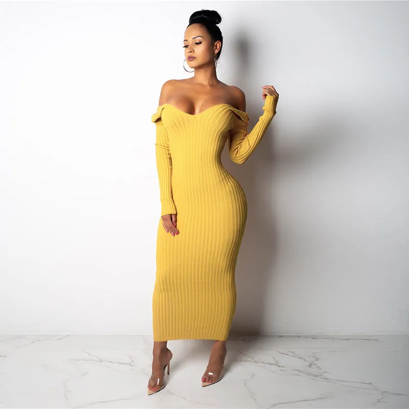 Ladies' Mid-Length Solid Color V-Neck Sweater Knit Dress