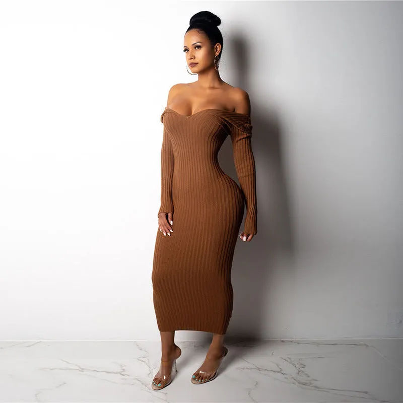 Ladies' Mid-Length Solid Color V-Neck Sweater Knit Dress