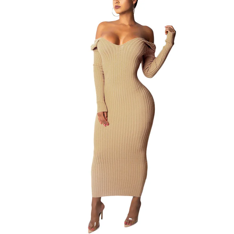 Ladies' Mid-Length Solid Color V-Neck Sweater Knit Dress
