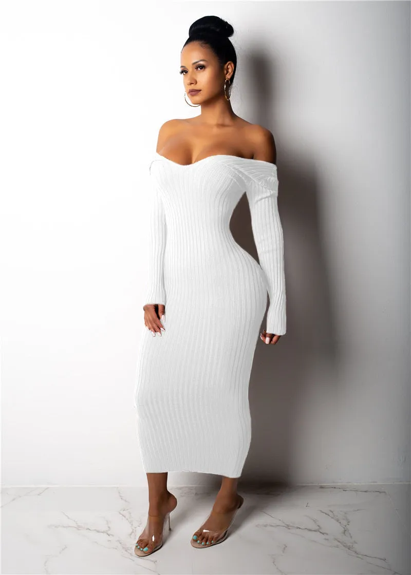 Ladies' Mid-Length Solid Color V-Neck Sweater Knit Dress