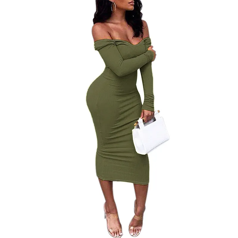 Ladies' Mid-Length Solid Color V-Neck Sweater Knit Dress