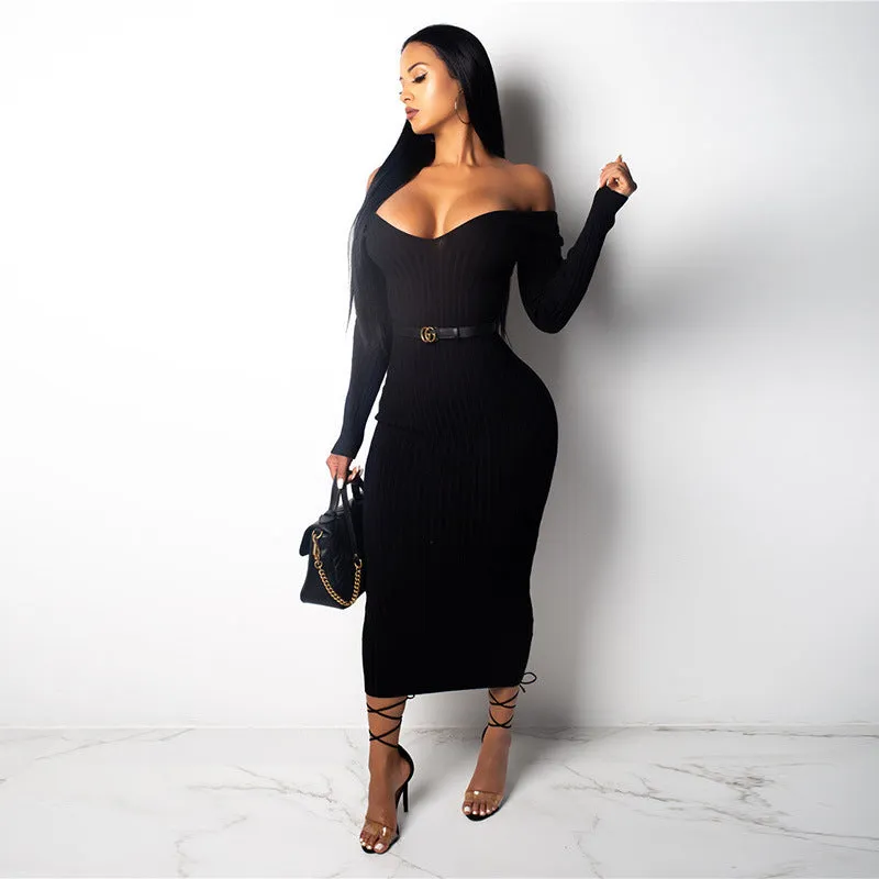 Ladies' Mid-Length Solid Color V-Neck Sweater Knit Dress