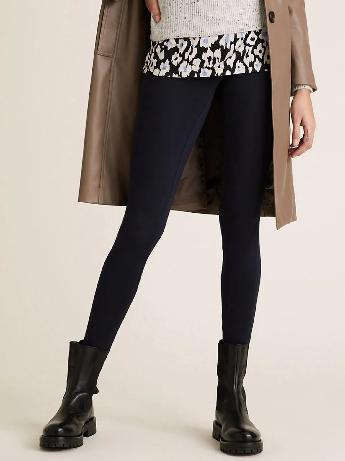 Ladies Navy High Waisted Stretchy Full Length Leggings