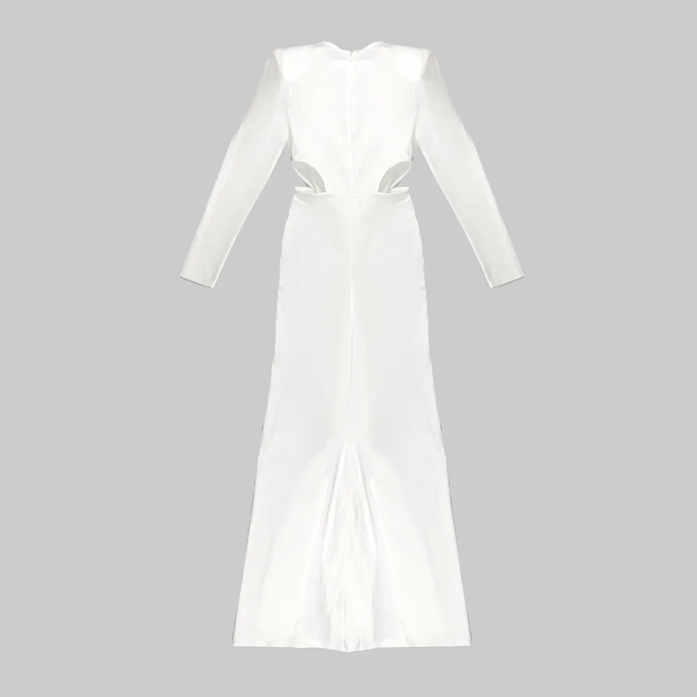 Long Sleeve Pleating Cutout Cross Metal Waist evening dress