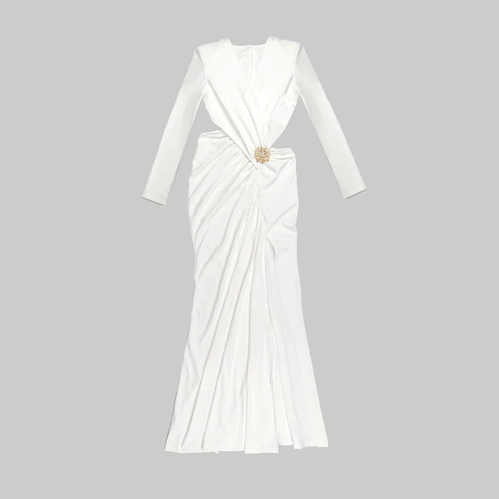 Long Sleeve Pleating Cutout Cross Metal Waist evening dress