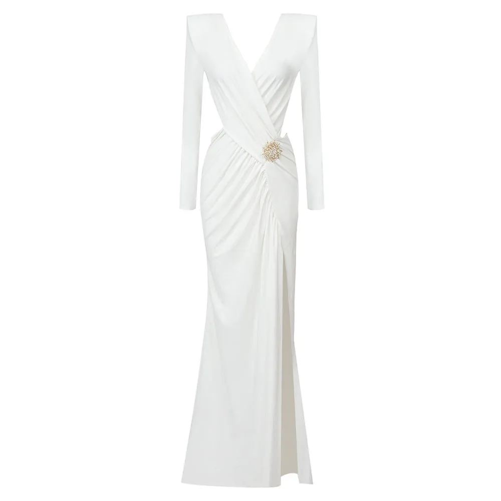 Long Sleeve Pleating Cutout Cross Metal Waist evening dress