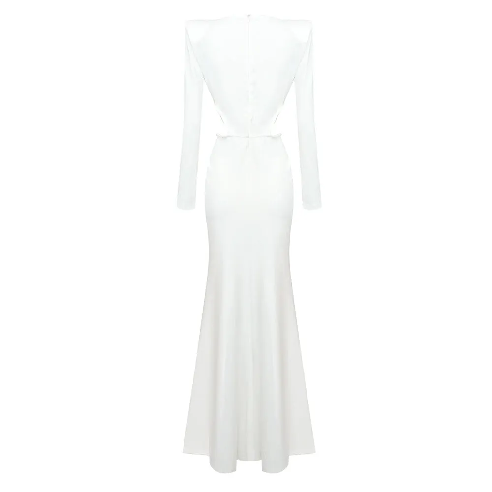 Long Sleeve Pleating Cutout Cross Metal Waist evening dress