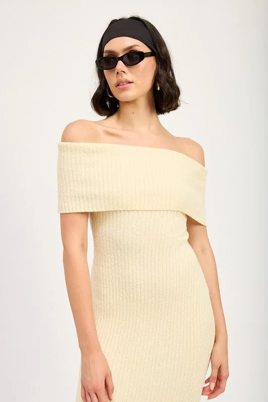 Melissa Bardot Fold Over Rib Knit Bodycon Midi Dress