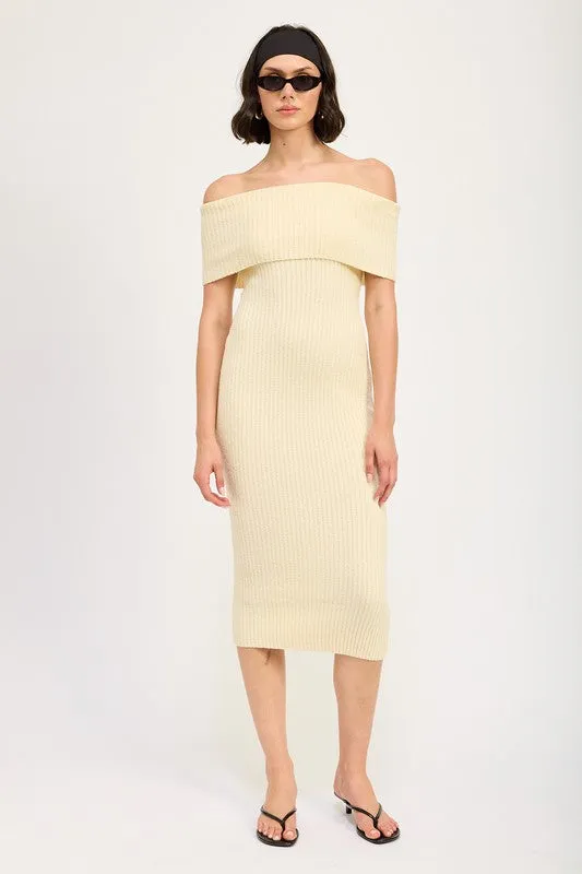 Melissa Bardot Fold Over Rib Knit Bodycon Midi Dress