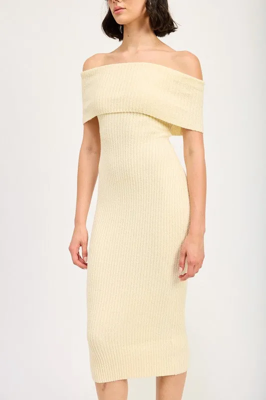 Melissa Bardot Fold Over Rib Knit Bodycon Midi Dress