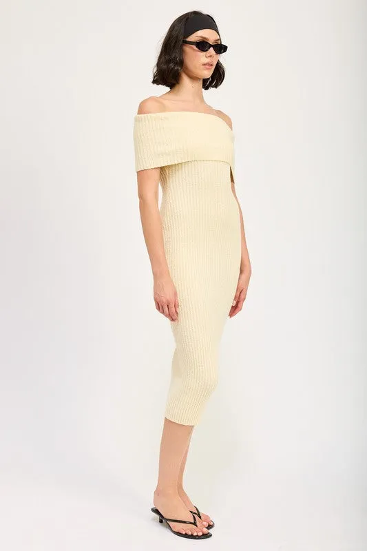 Melissa Bardot Fold Over Rib Knit Bodycon Midi Dress