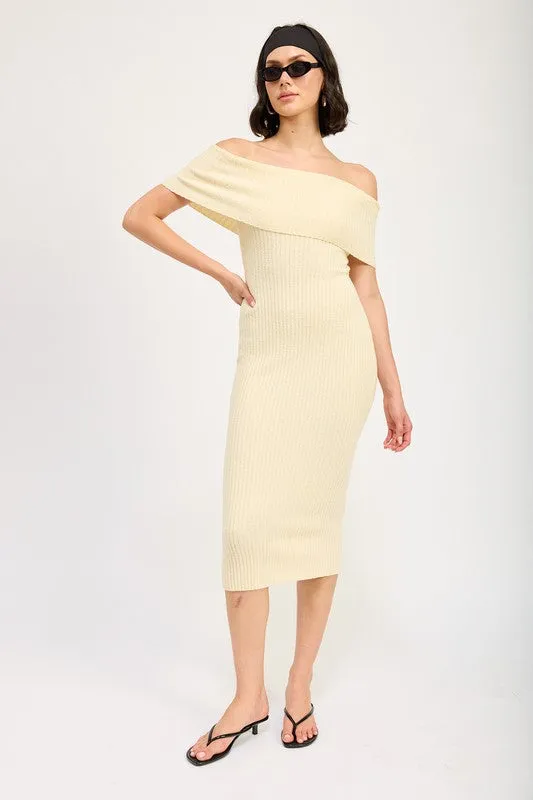 Melissa Bardot Fold Over Rib Knit Bodycon Midi Dress