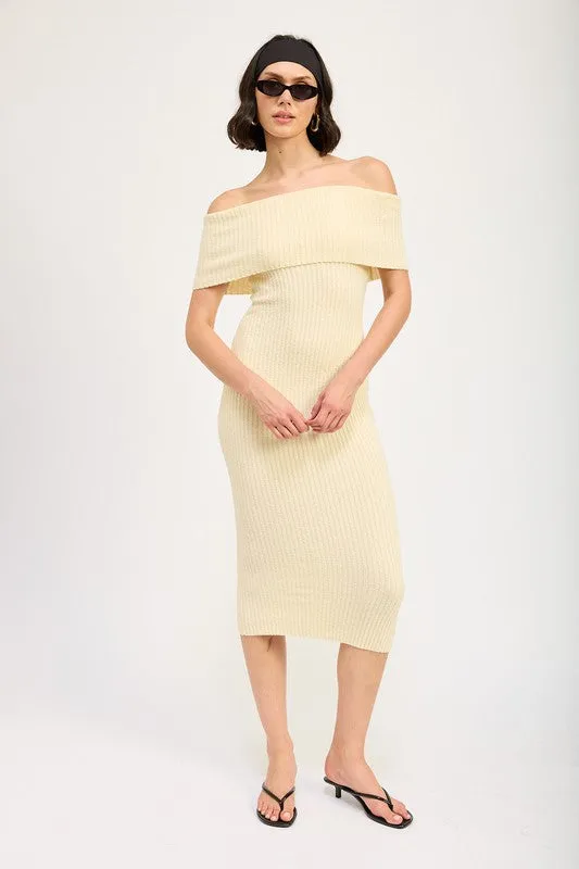 Melissa Bardot Fold Over Rib Knit Bodycon Midi Dress