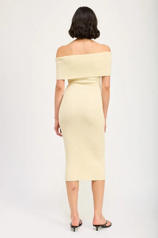 Melissa Bardot Fold Over Rib Knit Bodycon Midi Dress