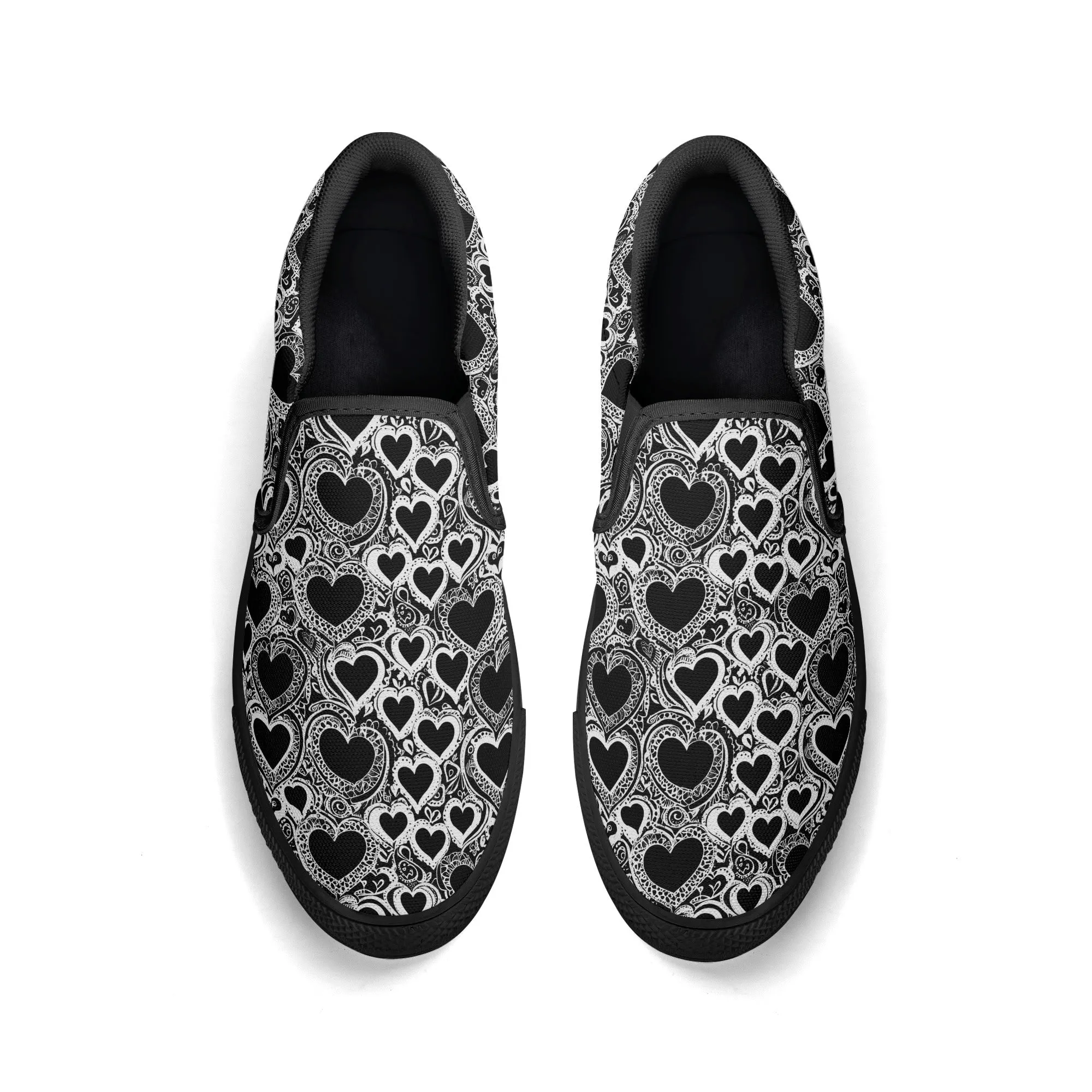 Mens Black and White Groovy Hearts Rubber Slip On Shoes