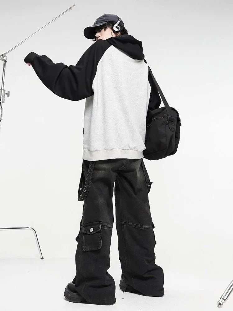 Men's Cyber Grunge Wide-Leg Jeans - Multi-Pocket, Washed Black, Retro Y2K Style