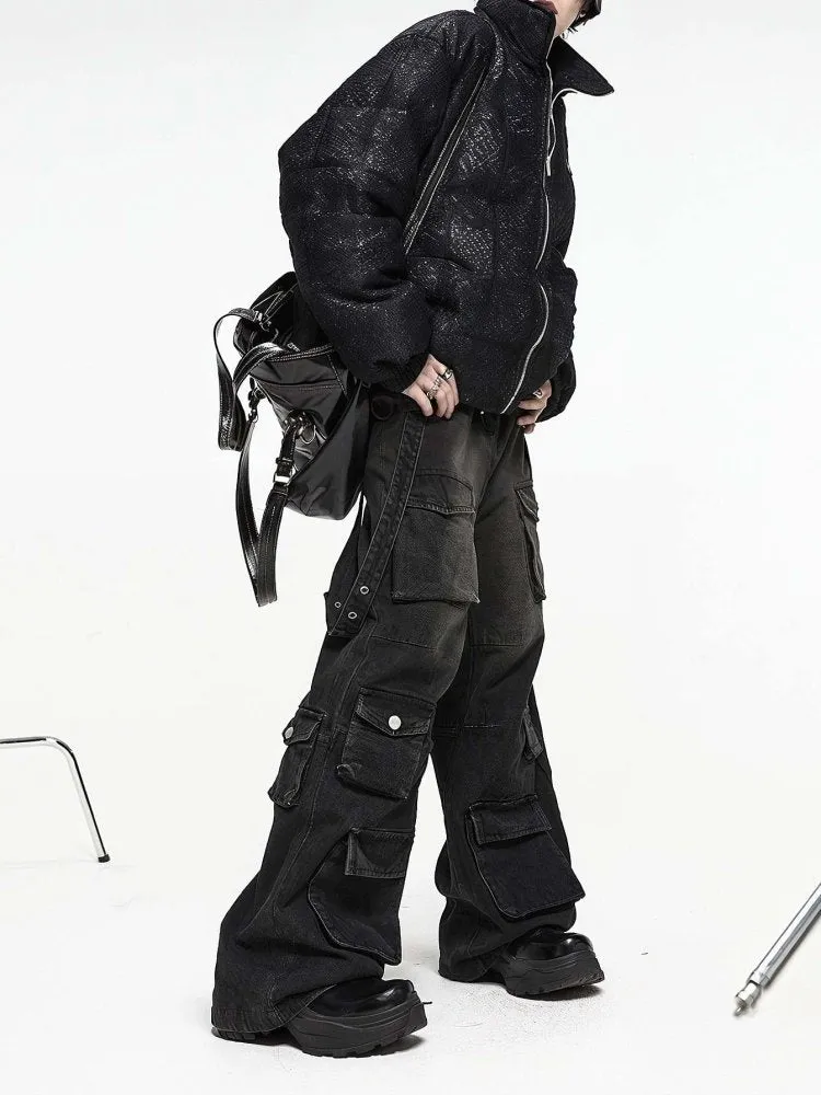 Men's Cyber Grunge Wide-Leg Jeans - Multi-Pocket, Washed Black, Retro Y2K Style