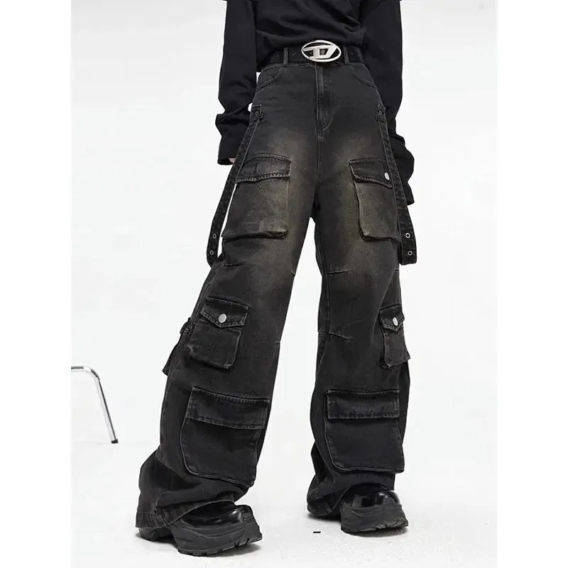 Men's Cyber Grunge Wide-Leg Jeans - Multi-Pocket, Washed Black, Retro Y2K Style