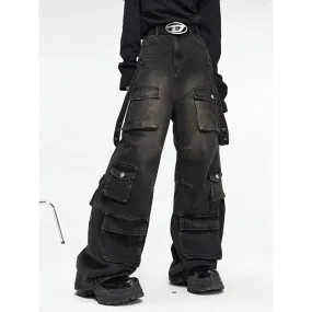 Men's Cyber Grunge Wide-Leg Jeans - Multi-Pocket, Washed Black, Retro Y2K Style