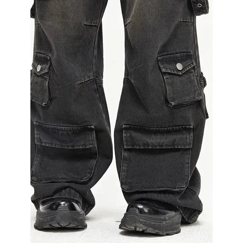 Men's Cyber Grunge Wide-Leg Jeans - Multi-Pocket, Washed Black, Retro Y2K Style