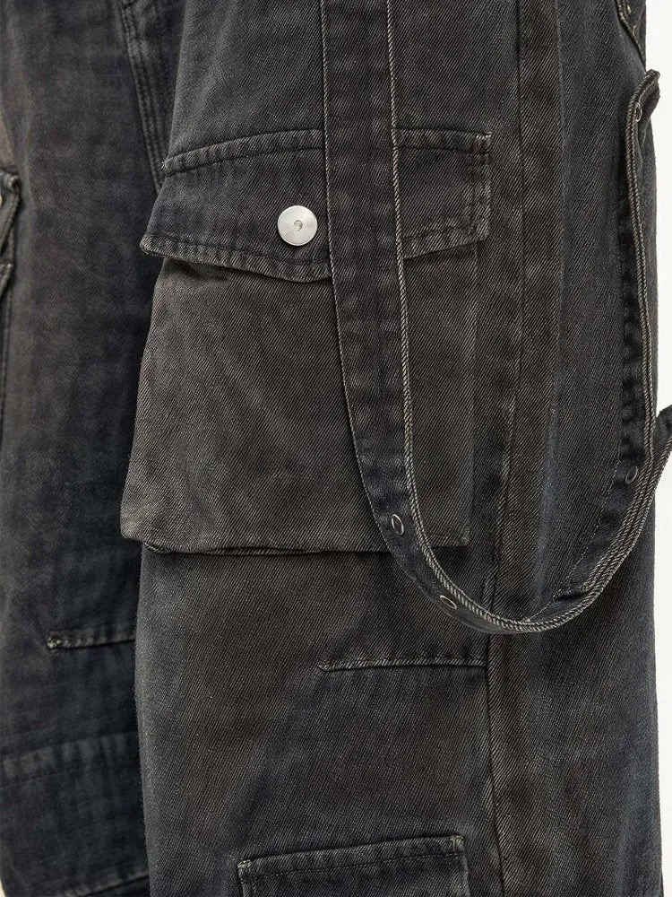 Men's Cyber Grunge Wide-Leg Jeans - Multi-Pocket, Washed Black, Retro Y2K Style