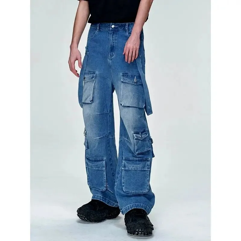 Men's Cyber Grunge Wide-Leg Jeans - Multi-Pocket, Washed Black, Retro Y2K Style