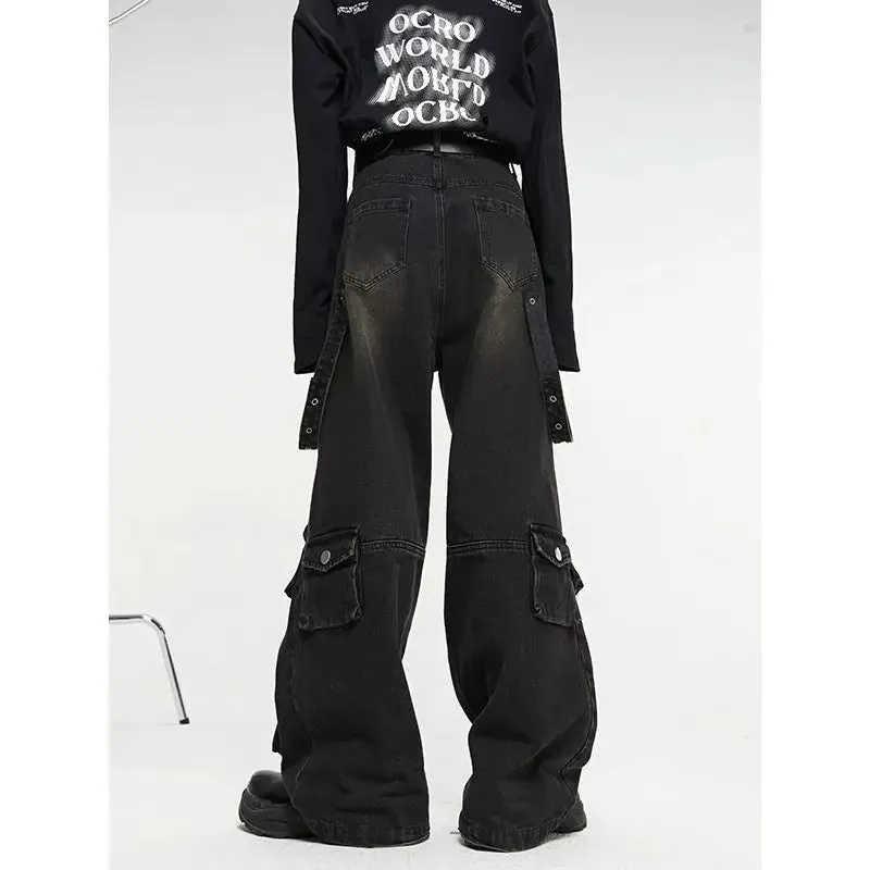 Men's Cyber Grunge Wide-Leg Jeans - Multi-Pocket, Washed Black, Retro Y2K Style