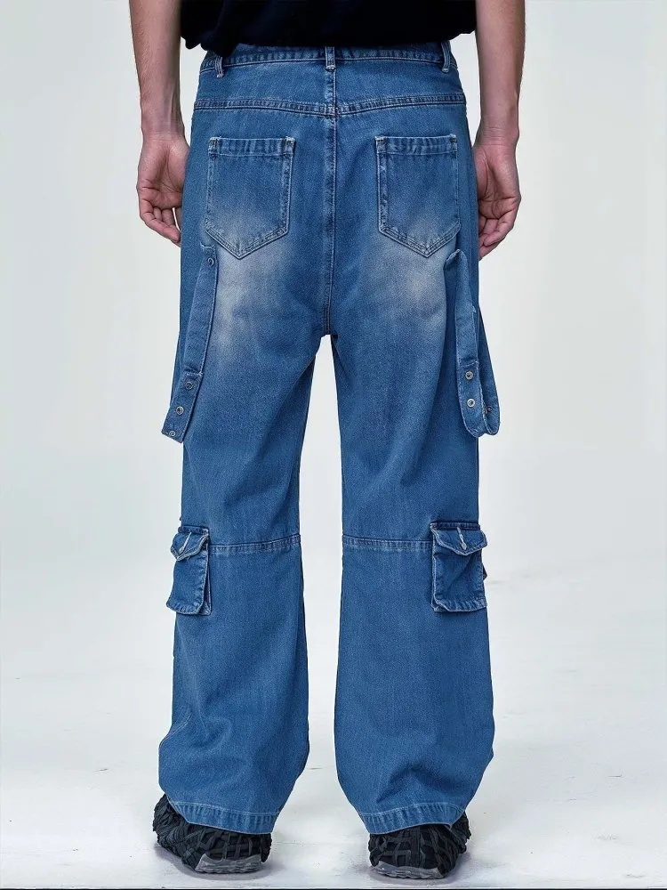 Men's Cyber Grunge Wide-Leg Jeans - Multi-Pocket, Washed Black, Retro Y2K Style