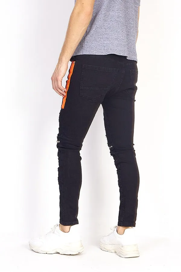 NEON TRIM ZIP DETAIL CHARCOAL SKINNY BIKER JEANS