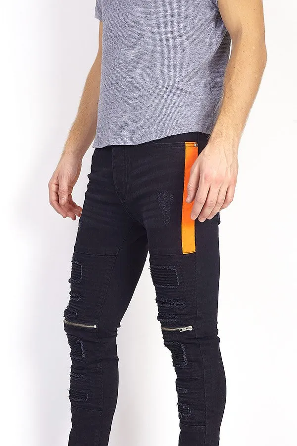 NEON TRIM ZIP DETAIL CHARCOAL SKINNY BIKER JEANS