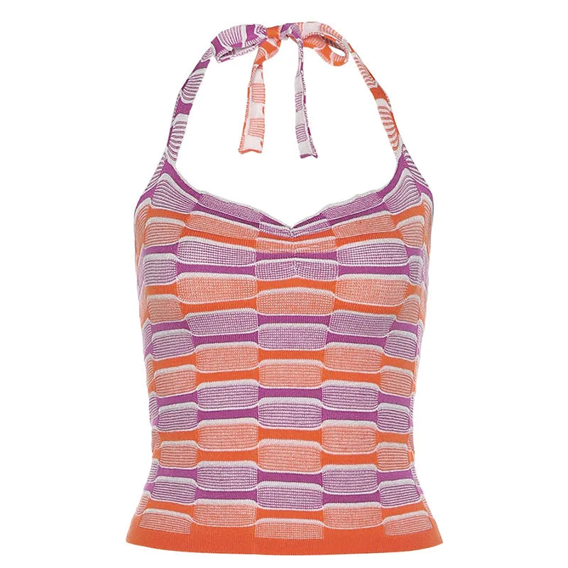 New striped halterneck slim fit cropped navel knitted vest