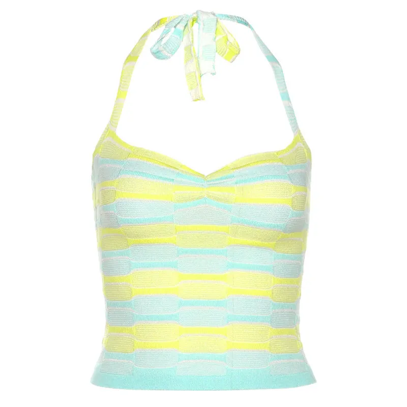 New striped halterneck slim fit cropped navel knitted vest