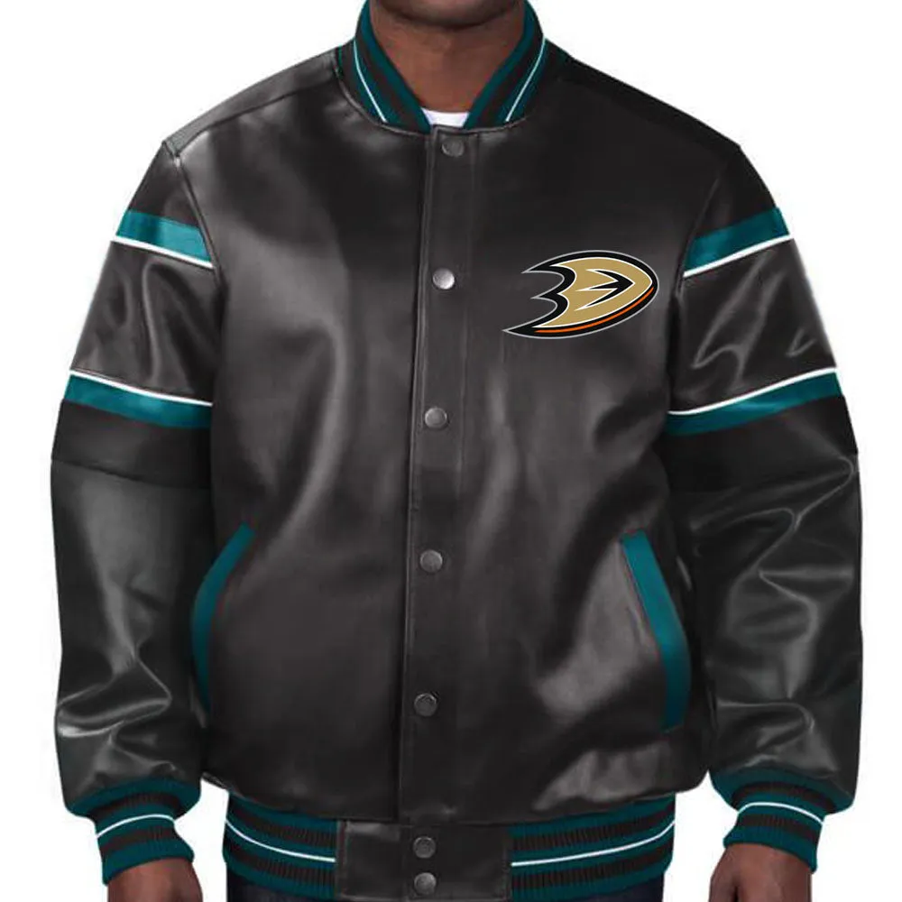 NHL Leather Jacket in Black Featuring Anaheim Ducks by TJS