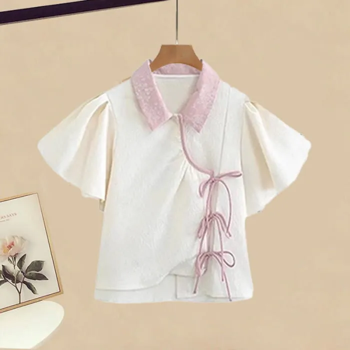 Pink Vintage Strappy Shirt High Waist Pleated Skirt