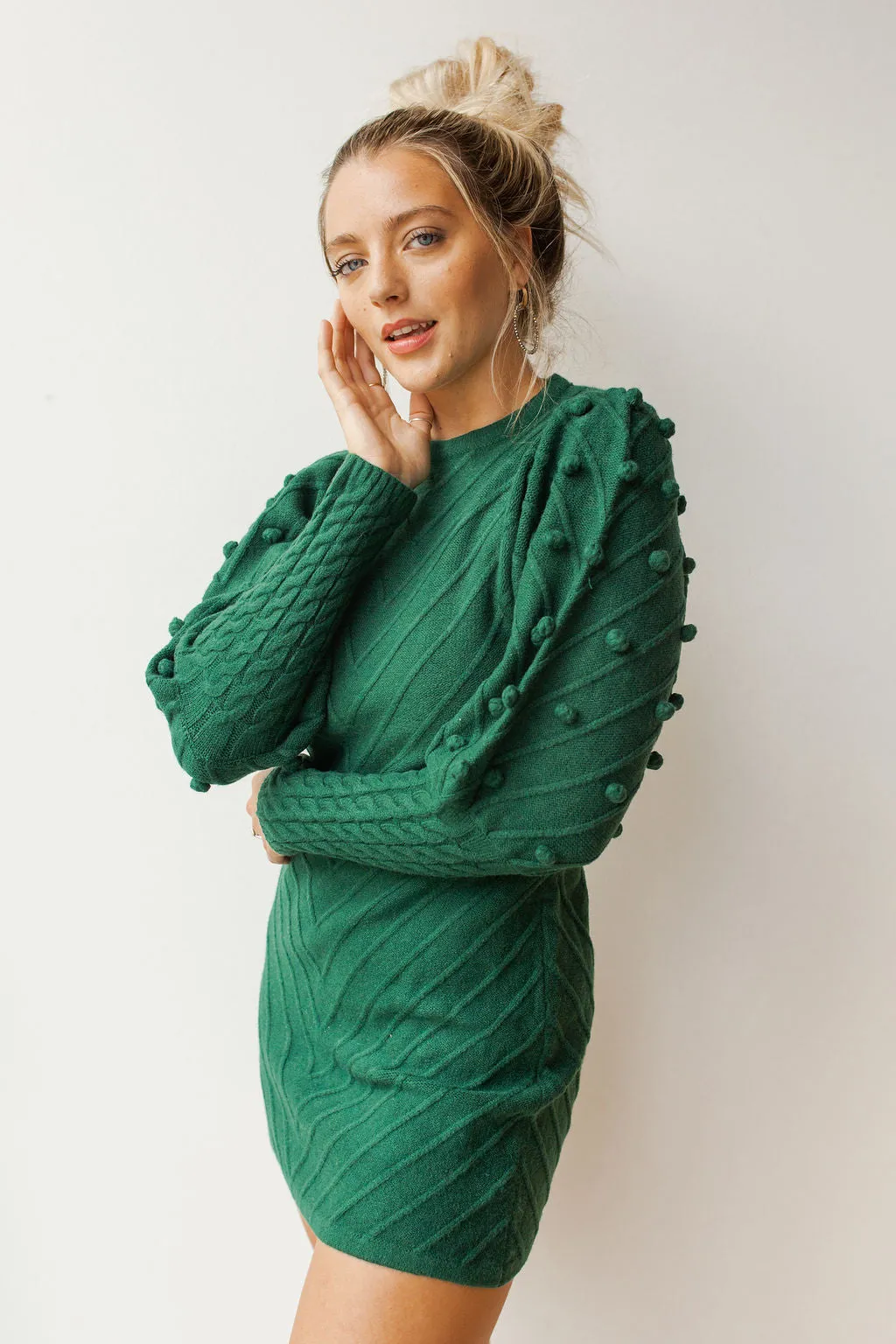 pom balloon sleeve sweater dress