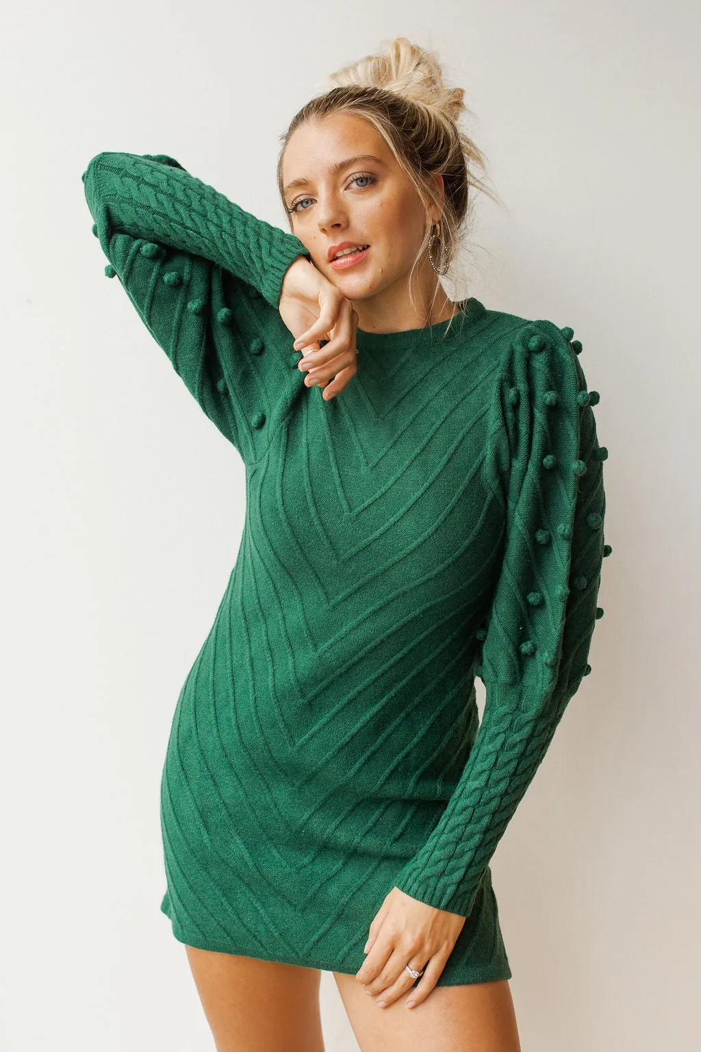 pom balloon sleeve sweater dress