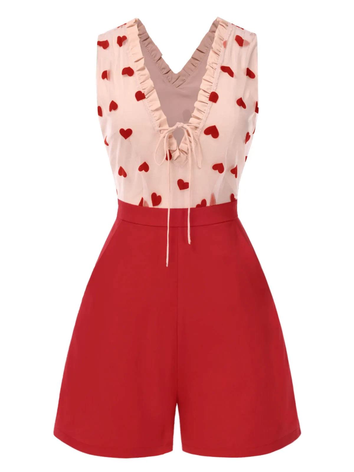 [Pre-Sale] Red 1960s Heart Mesh Patchwork Lace-Up Romper