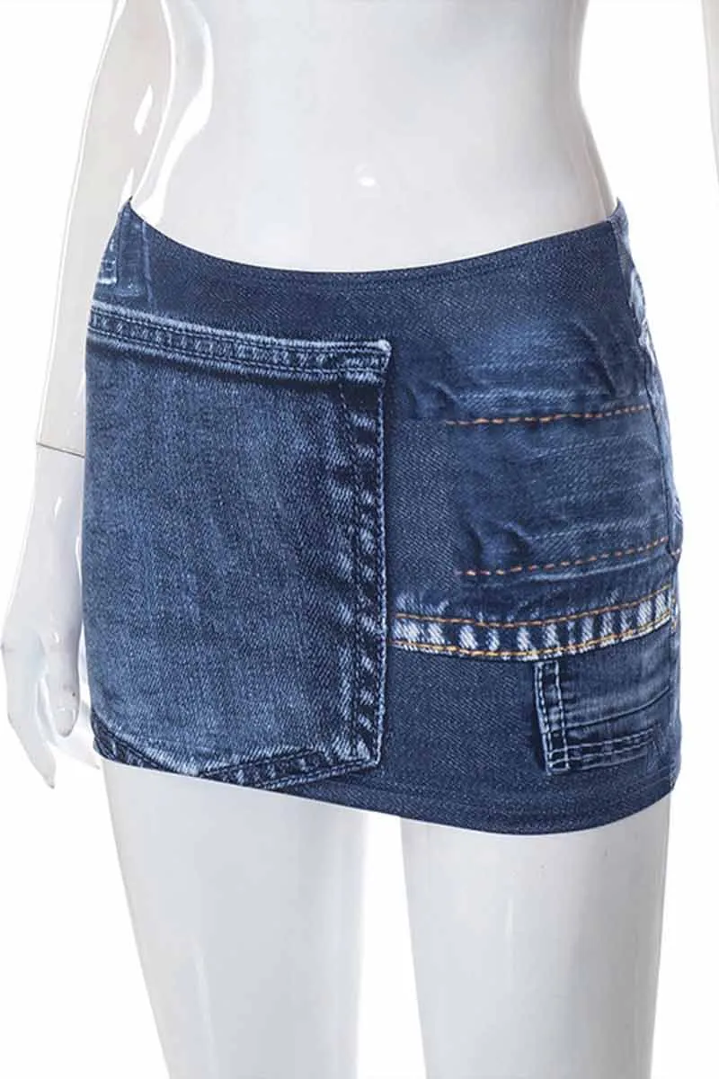 QH724 Denim Print Mini Skirt