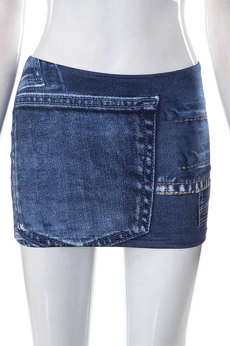 QH724 Denim Print Mini Skirt
