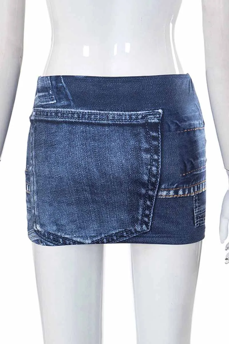 QH724 Denim Print Mini Skirt