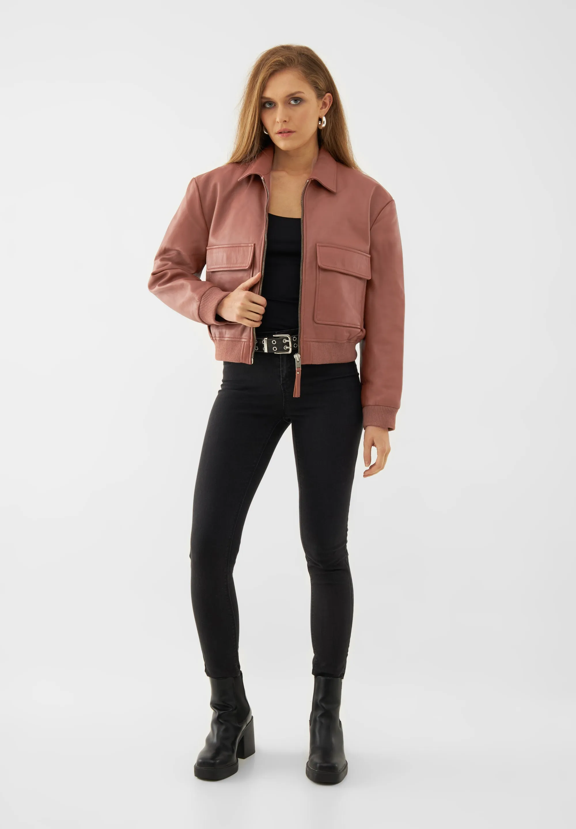 Real Leather Cropped Bomber Jacket