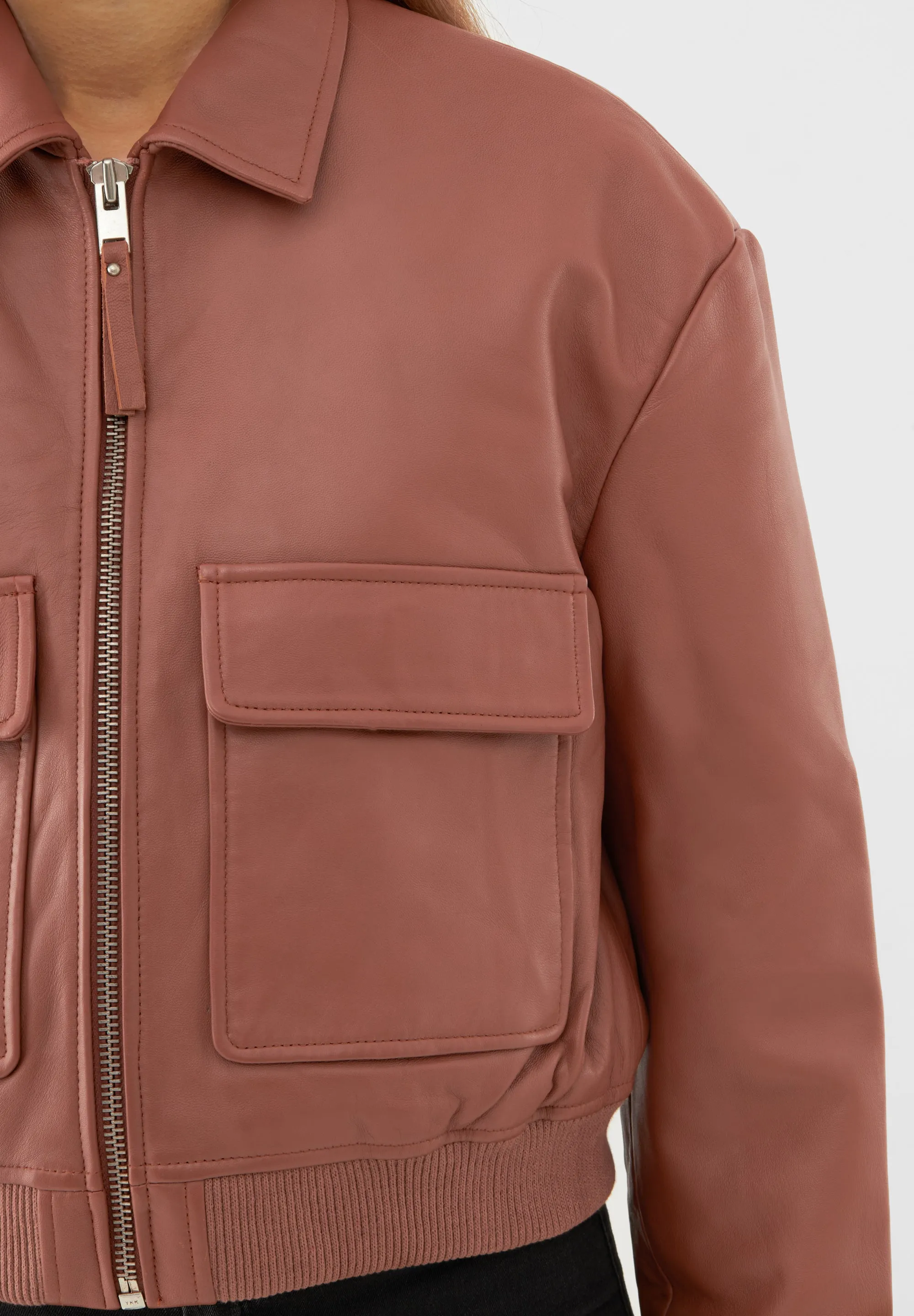 Real Leather Cropped Bomber Jacket