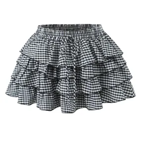 Retro Plaid Cake Short Ruffles Bubble Skirt